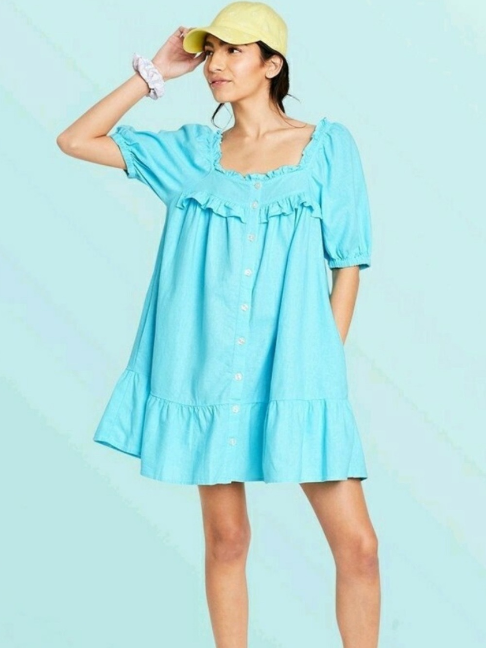 Stoney Clover Lane Aqua Blue Ruffle Button-Front Mini Dress